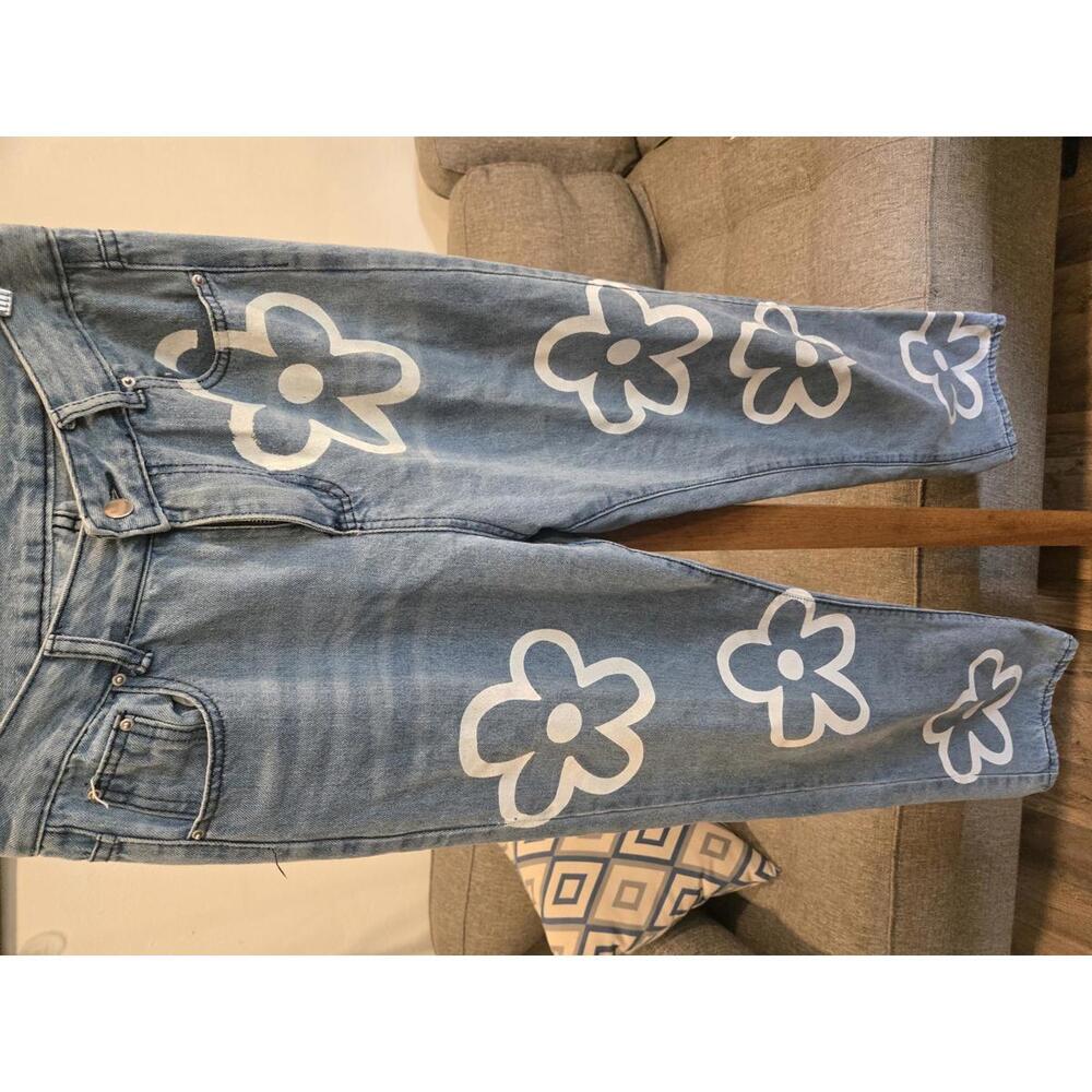 Light Blue Denim Jeans with White Floral Prints
